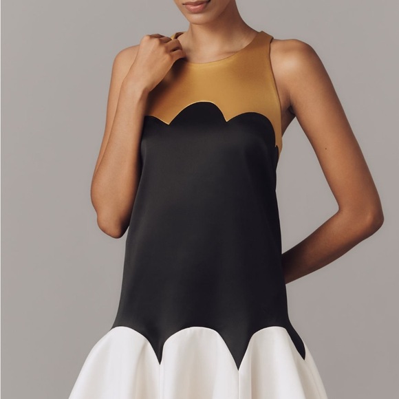 Anthropologie Maeve Scalloped Black, White, and Gold Mini Dress (NWT) - Picture 4 of 7